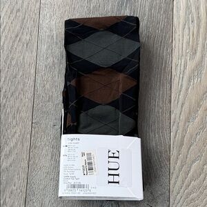 HUE Argyle Tights in Black with Brown and Gray  Diamond Patterns. Size S/M